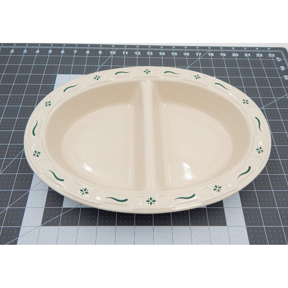 Longaberger Pottery Woven Traditions Heritage Green Oval Divided Serving Dish